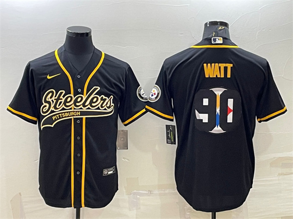 Men's Pittsburgh Steelers #90 T. J. Watt Black Team Big Logo With Patch Cool Base Stitched Baseball Jersey